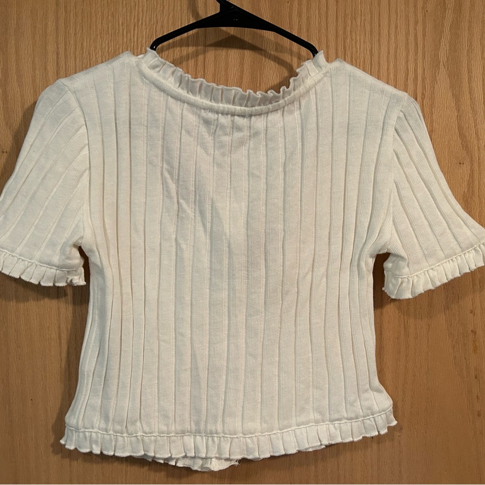 Zara White Ribbed Top with Ruffle Detail - Picture 3 of 5